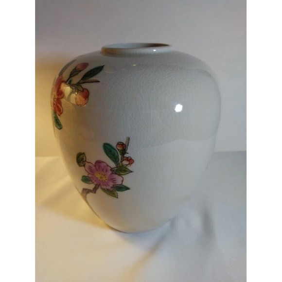 Vintage Bird Floral Vase Round Multi Color Japan Crazing Ceramic Handpainted - Picture 5 of 11